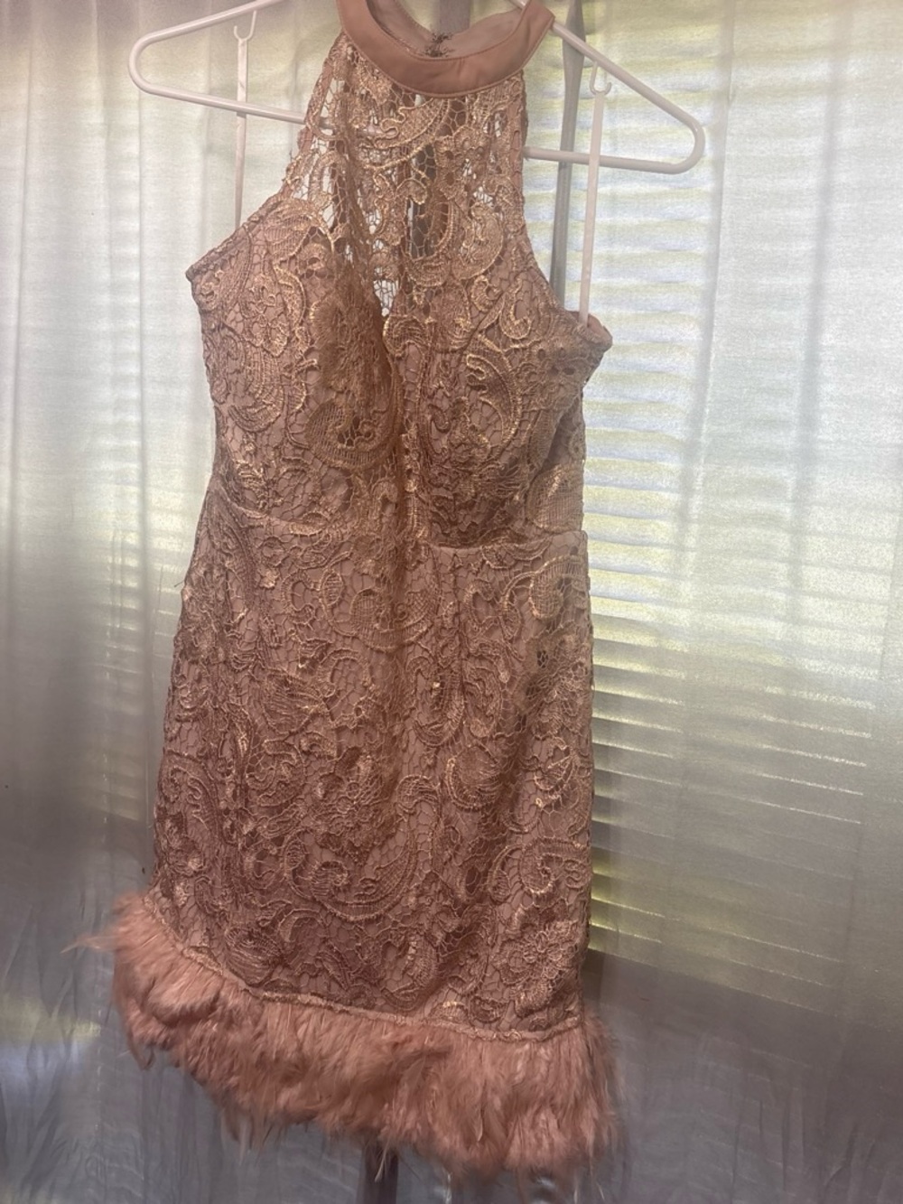 Minuet Petite Blush Lace Halter Mini Dress with Feather Trim